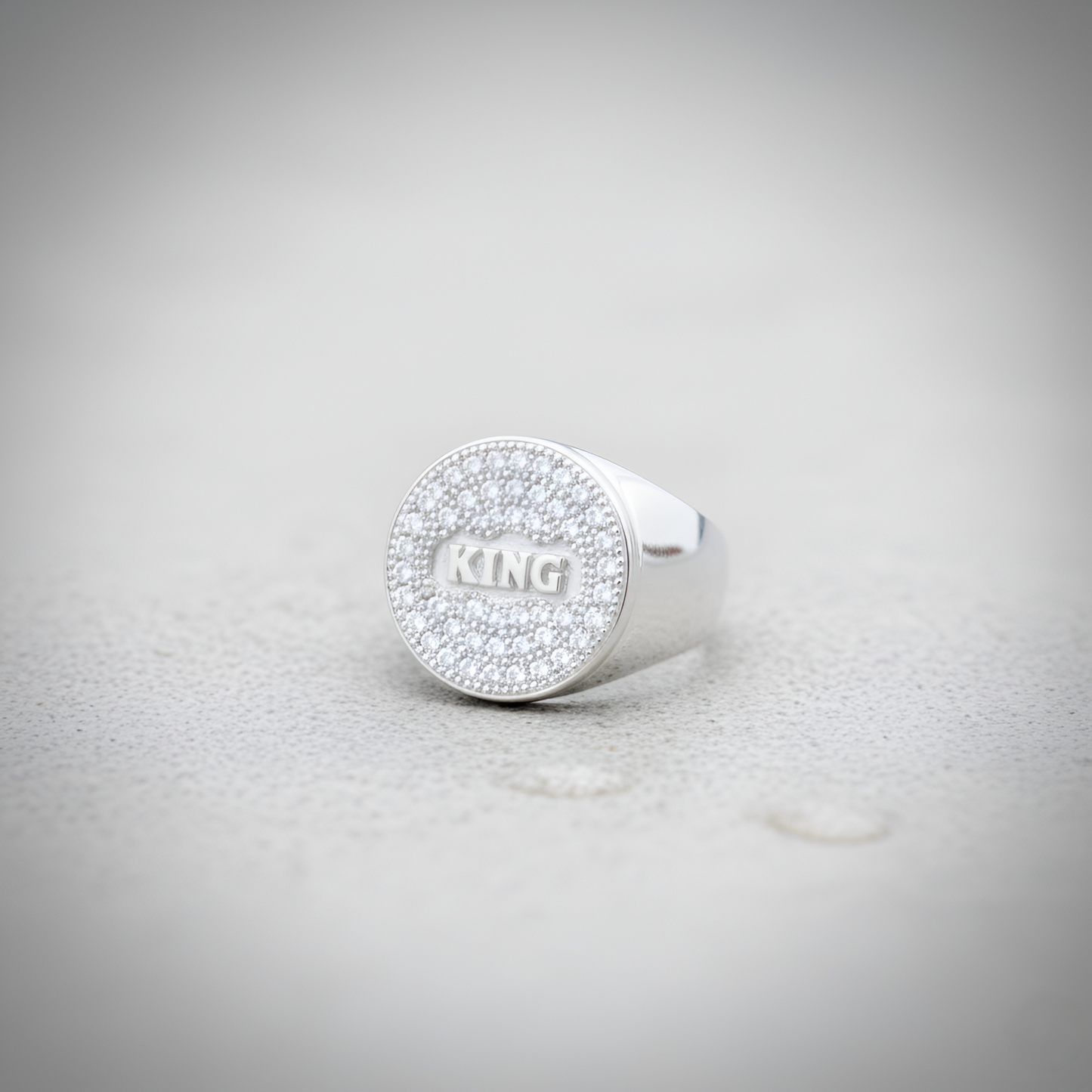 Silver Large “KING” Statement Ring with Sparkling Stone Border | Men’s Silver Ring