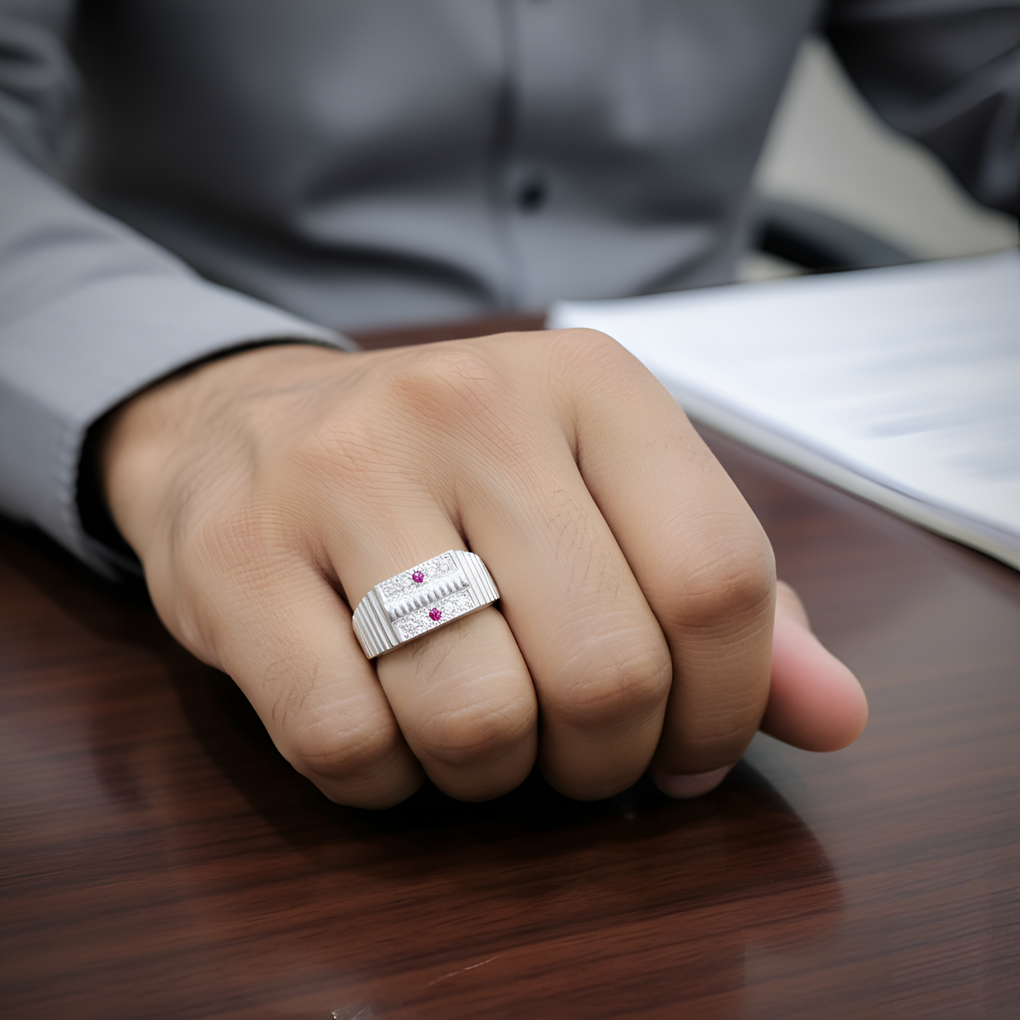 Silver Textured Designer Ring with Dual Red Stone Accents | Men's Silver Ring