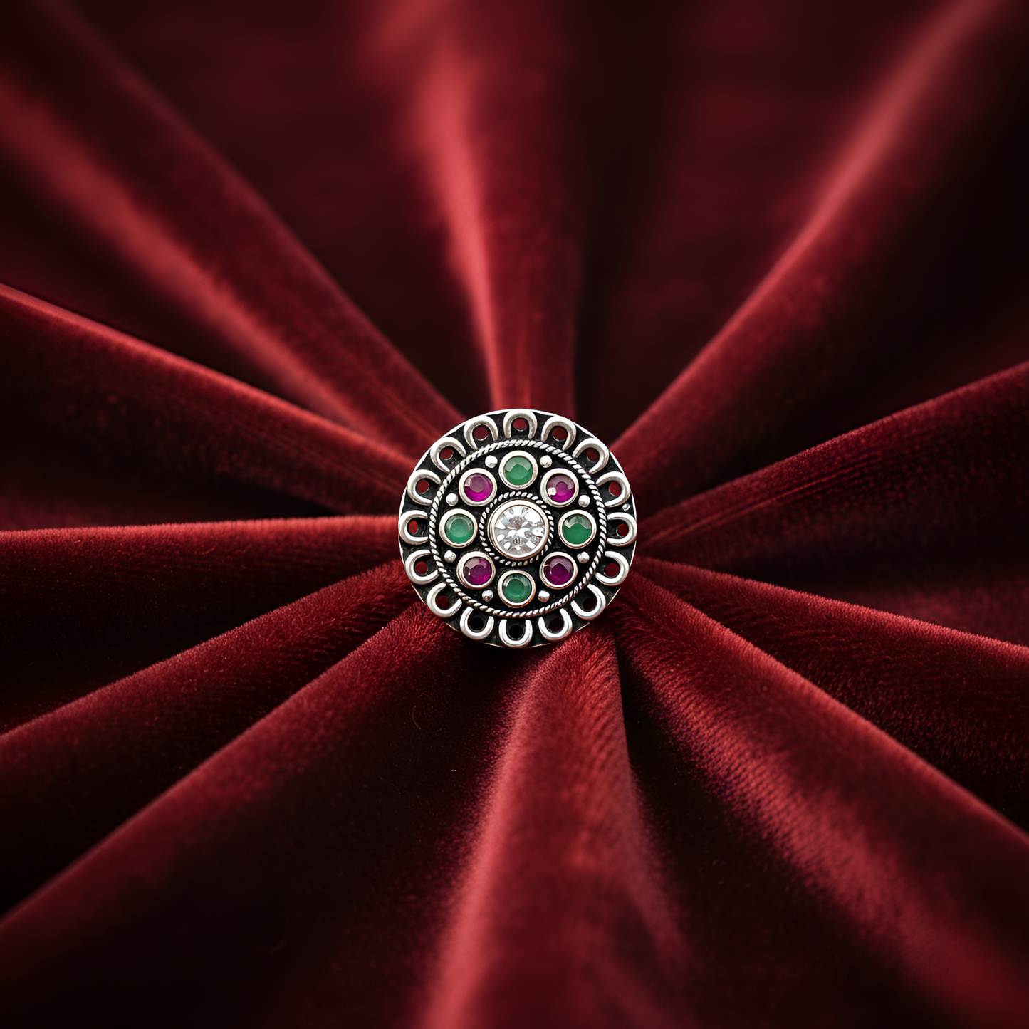 Silver Ring with Colorful Stonework | Women’s Oxidised Ring