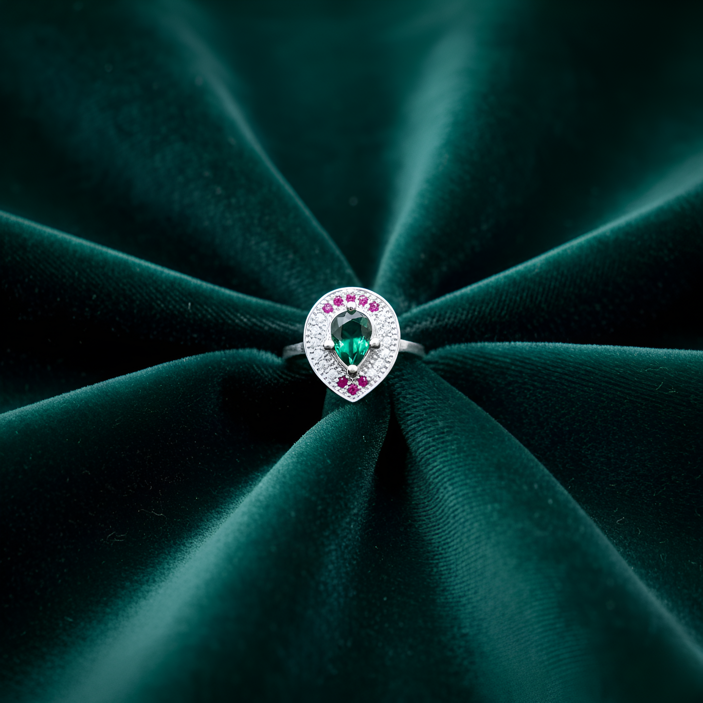 Silver Teardrop Designer Ring with Green Center Stone and Pink Accents | Women’s Silver Ring
