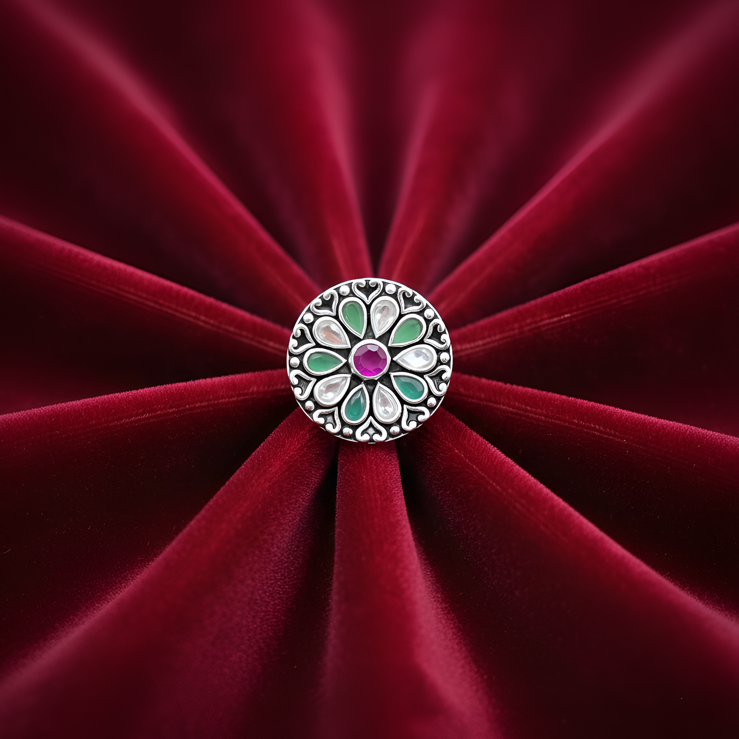 Silver Antique Floral Cocktail Ring with Green & Pink Stones | Women’s Statement Ring