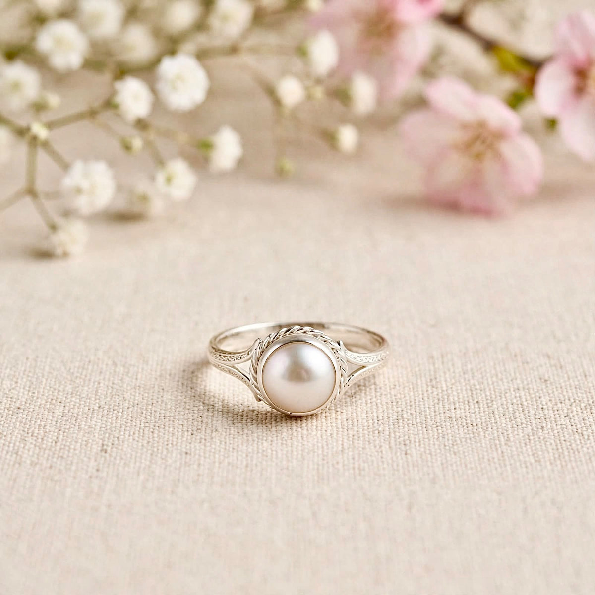 SILVER WHITE MOTI RING