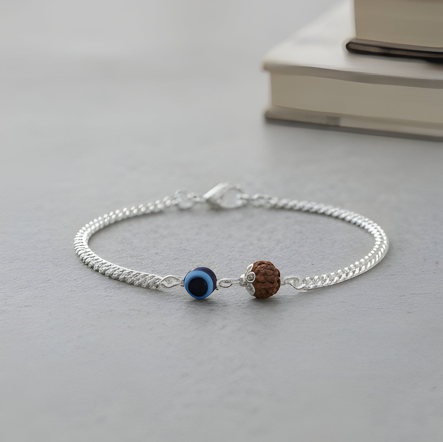Spiritual Silver Bracelet with Rudraksha & Evil Eye – Unisex Bracelet