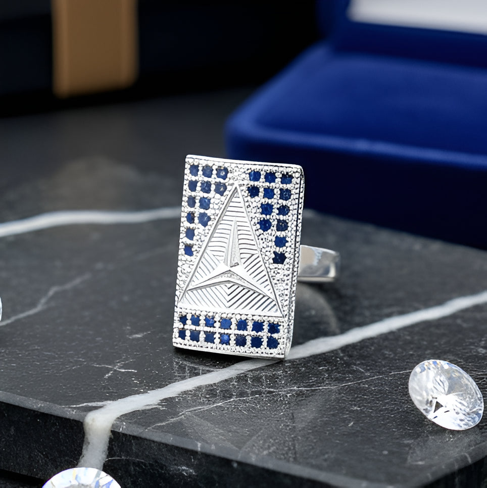 Trendy Rectangle Silver Plated Blue Stone Ring for Men | Stylish Party Wear Adjustable Ring