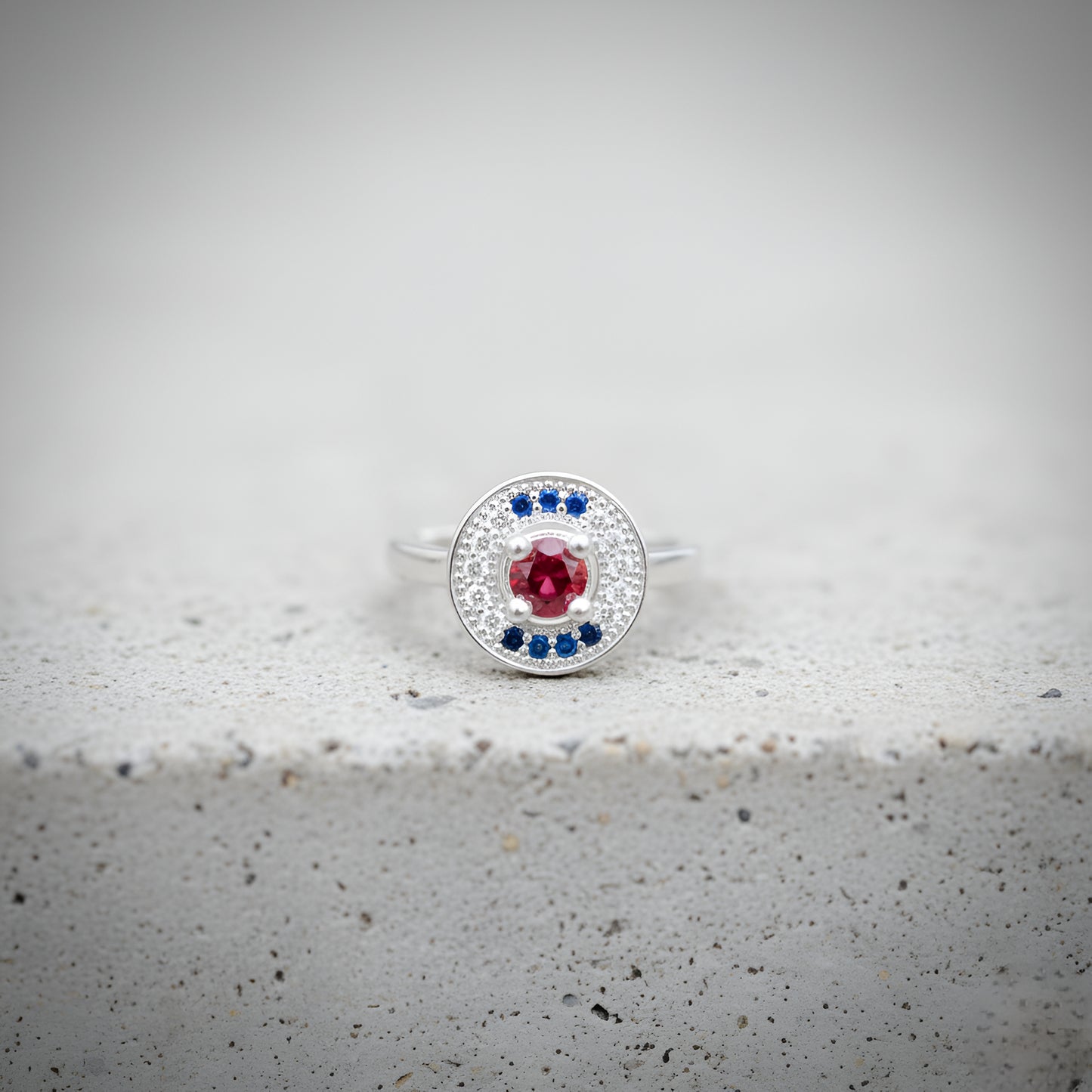 Silver Round Designer Ring with Blue and Ruby Center Stone | Women’s Silver Ring