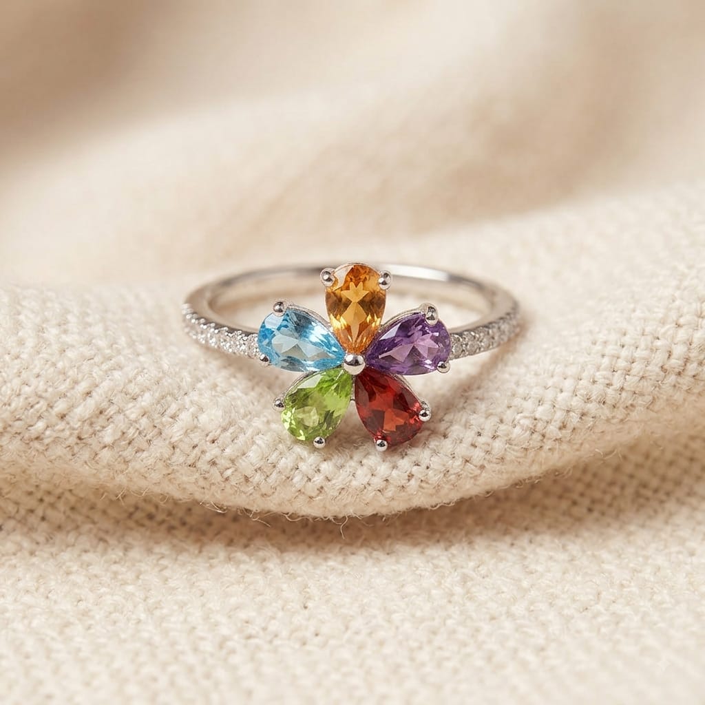 MULTI COLOURS FLOWER DESIGN 92.5 SILVER RING