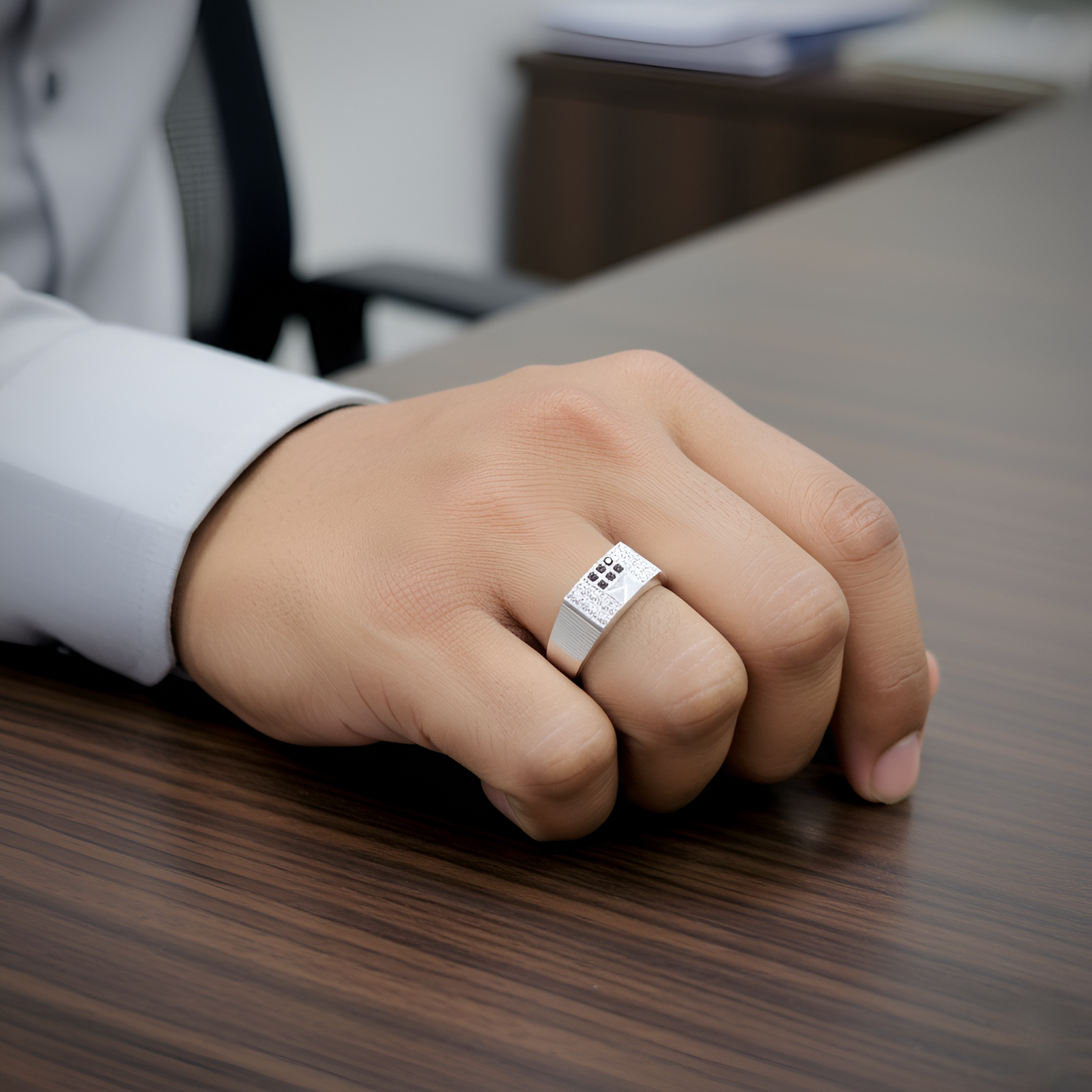 Silver Geometric Designer Band with Black and White Stones | Men’s Silver Ring