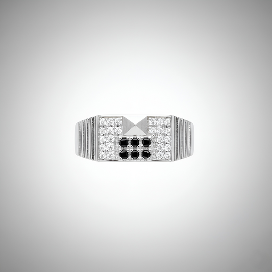Silver Geometric Designer Band with Black and White Stones | Men’s Silver Ring