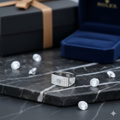 Silver Rectangular Crown Motif Ring with Stone Detailing | Men’s Silver Ring