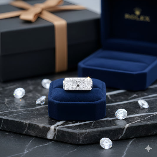 Silver Rectangular Crown Motif Ring with Stone Detailing | Men’s Silver Ring