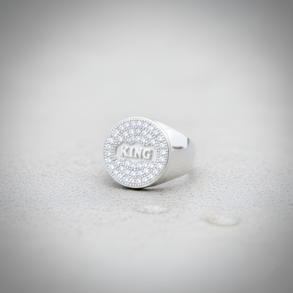Silver Large “KING” Statement Ring with Sparkling Stone Border | Men’s Silver Ring