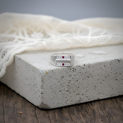Silver Textured Designer Ring with Dual Red Stone Accents | Men's Silver Ring