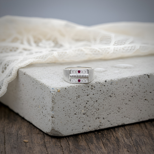 Silver Textured Designer Ring with Dual Red Stone Accents | Men's Silver Ring