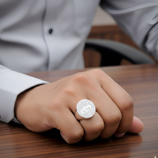 Silver Large “KING” Statement Ring with Sparkling Stone Border | Men’s Silver Ring