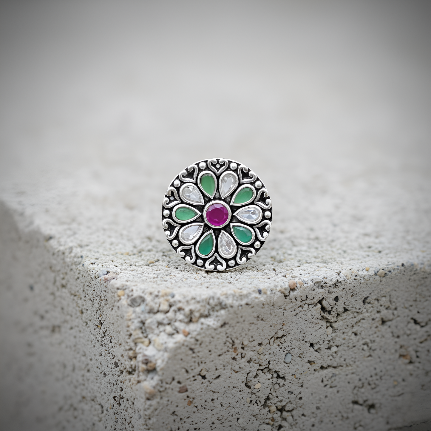 Silver Antique Floral Cocktail Ring with Green & Pink Stones | Women’s Statement Ring