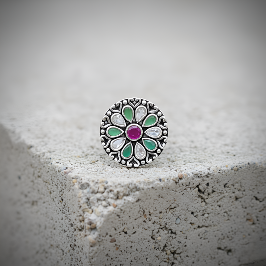 Silver Antique Floral Cocktail Ring with Green & Pink Stones | Women’s Statement Ring