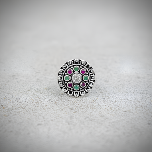 Silver Ring with Colorful Stonework | Women’s Oxidised Ring