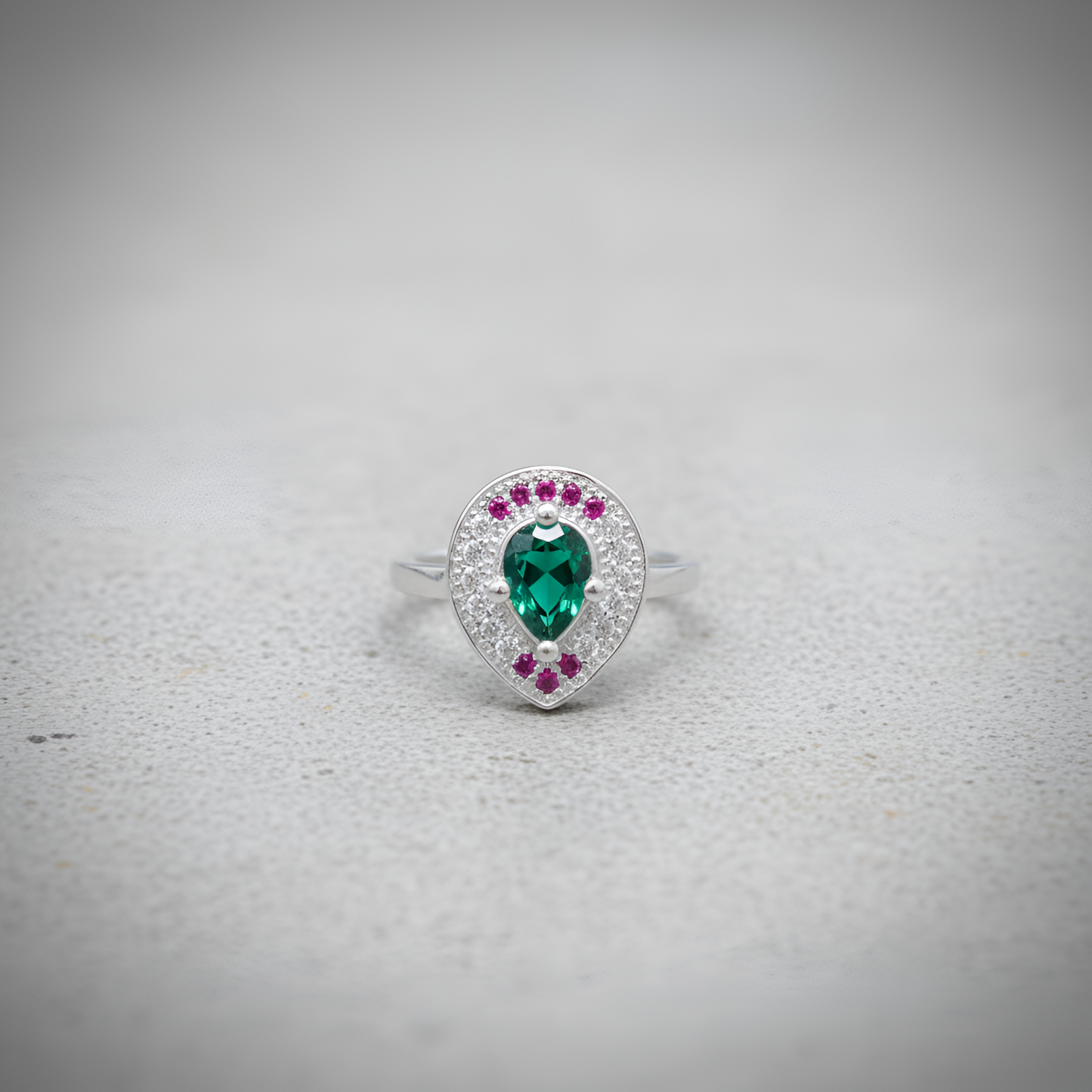 Silver Teardrop Designer Ring with Green Center Stone and Pink Accents | Women’s Silver Ring