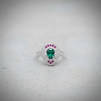 Silver Teardrop Designer Ring with Green Center Stone and Pink Accents | Women’s Silver Ring