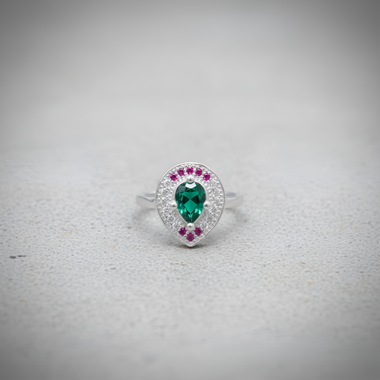 Silver Teardrop Designer Ring with Green Center Stone and Pink Accents | Women’s Silver Ring