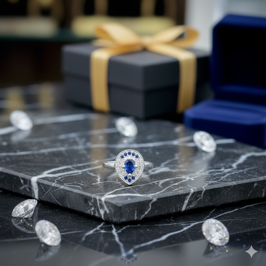 Silver Teardrop Blue Stone Designer Ring with White Accents | Women’s Silver Ring