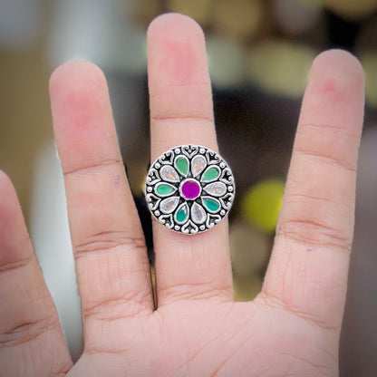 Silver Antique Floral Cocktail Ring with Green & Pink Stones | Women’s Statement Ring