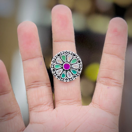 Silver Antique Floral Cocktail Ring with Green & Pink Stones | Women’s Statement Ring