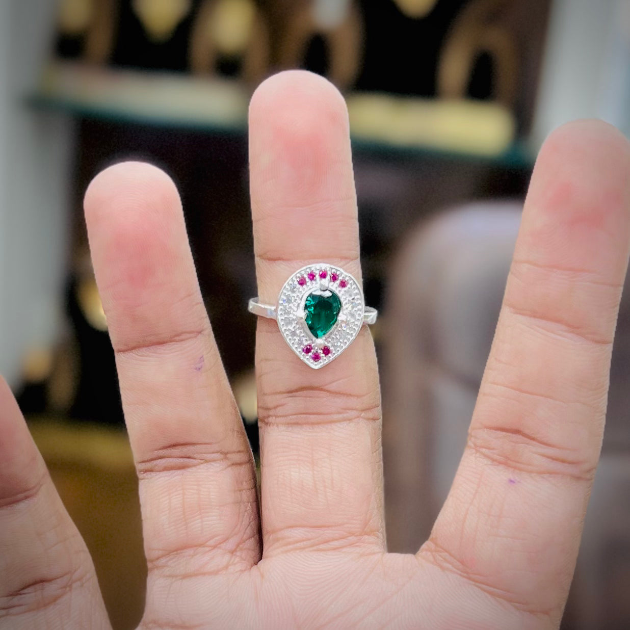 Silver Teardrop Designer Ring with Green Center Stone and Pink Accents | Women’s Silver Ring