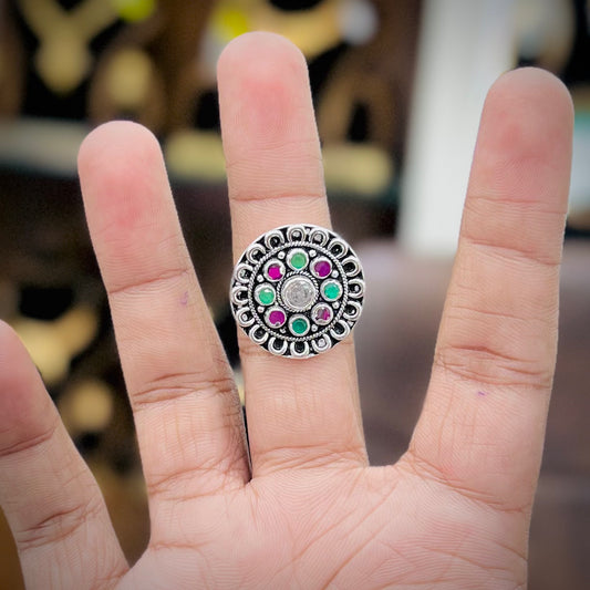 Silver Ring with Colorful Stonework | Women’s Oxidised Ring