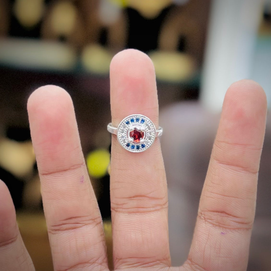 Silver Round Designer Ring with Blue and Ruby Center Stone | Women’s Silver Ring