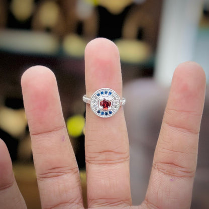 Silver Round Designer Ring with Blue and Ruby Center Stone | Women’s Silver Ring
