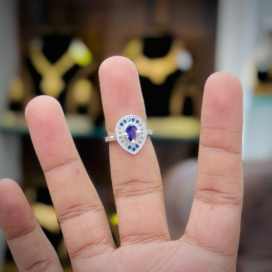 Silver Teardrop Blue Stone Designer Ring with White Accents | Women’s Silver Ring