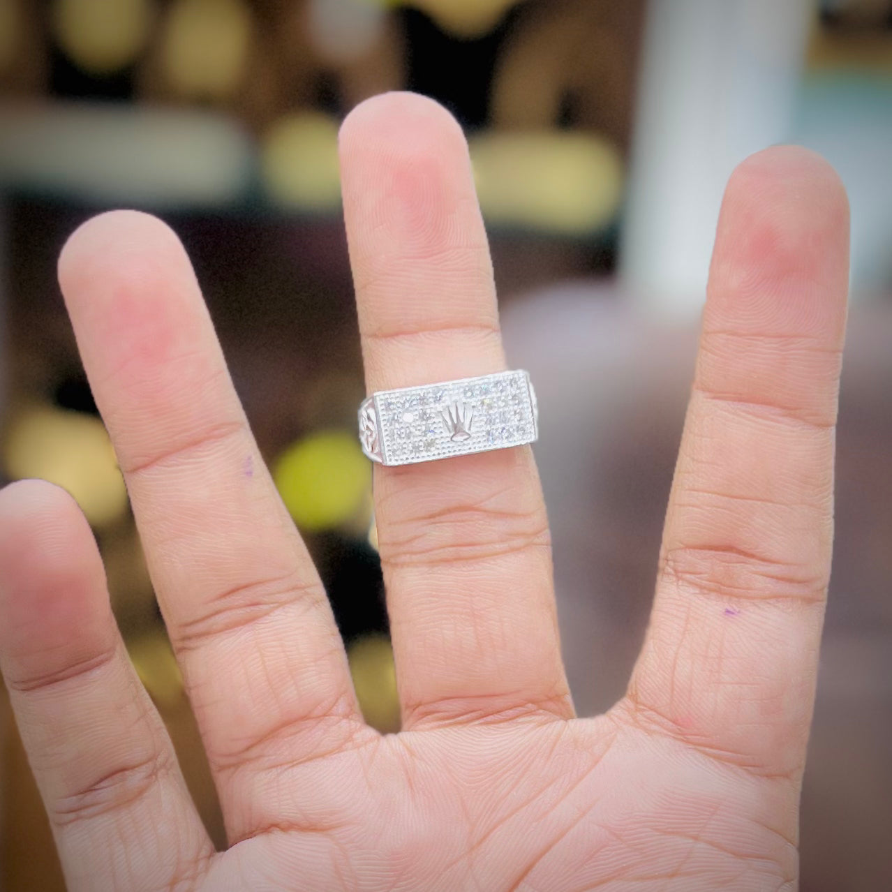 Silver Rectangular Crown Motif Ring with Stone Detailing | Men’s Silver Ring