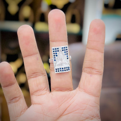Trendy Rectangle Silver Plated Blue Stone Ring for Men | Stylish Party Wear Adjustable Ring