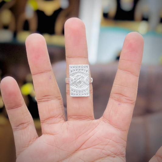 Silver Rectangular Eagle Engraved Ring with Designer Border | Men’s Silver Ring