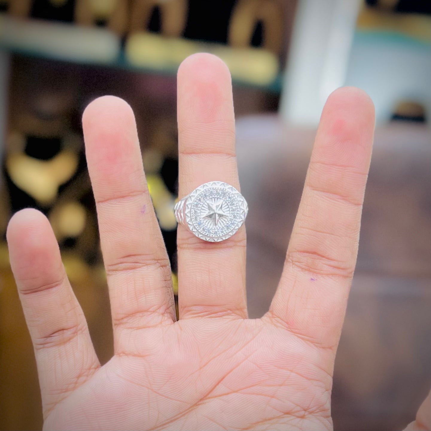 Silver Compass Star Designer Ring with Artistic Detailing | Men’s Silver Ring