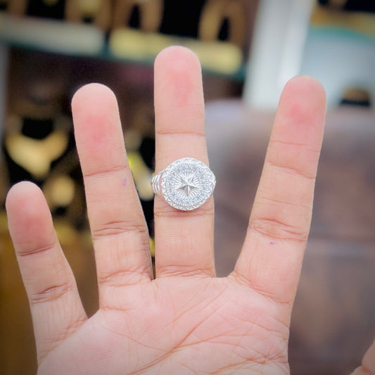 Silver Compass Star Designer Ring with Artistic Detailing | Men’s Silver Ring