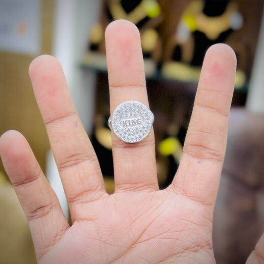 Silver Large “KING” Statement Ring with Sparkling Stone Border | Men’s Silver Ring