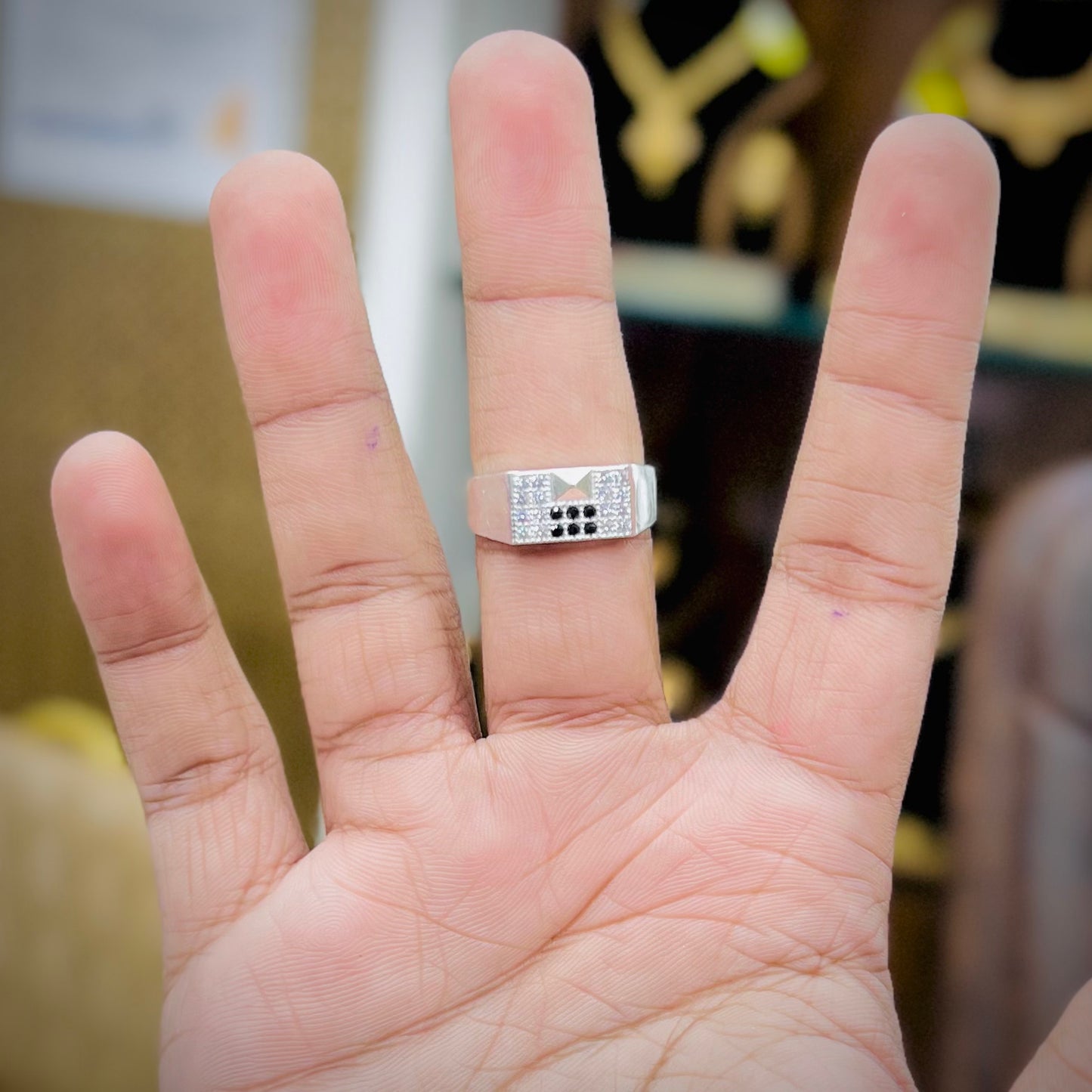 Silver Geometric Designer Band with Black and White Stones | Men’s Silver Ring