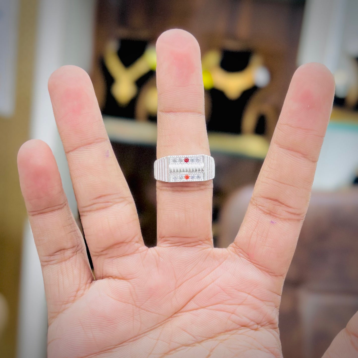 Silver Textured Designer Ring with Dual Red Stone Accents | Men's Silver Ring