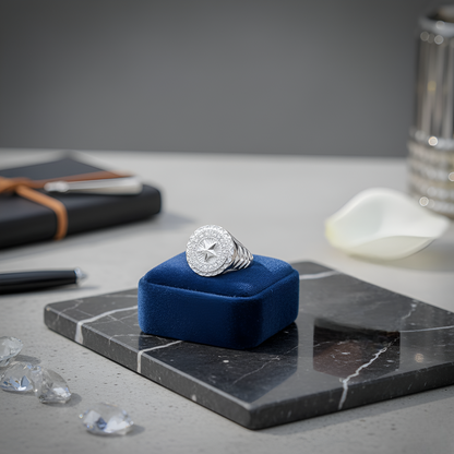 Silver Compass Star Designer Ring with Artistic Detailing | Men’s Silver Ring
