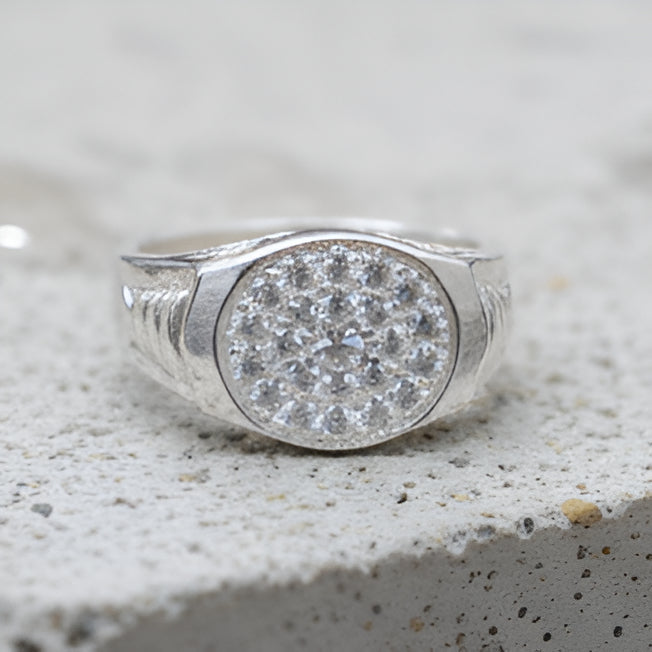 Silver Designer Ring with Sparkling White Accents | Premium Men's Silver Ring