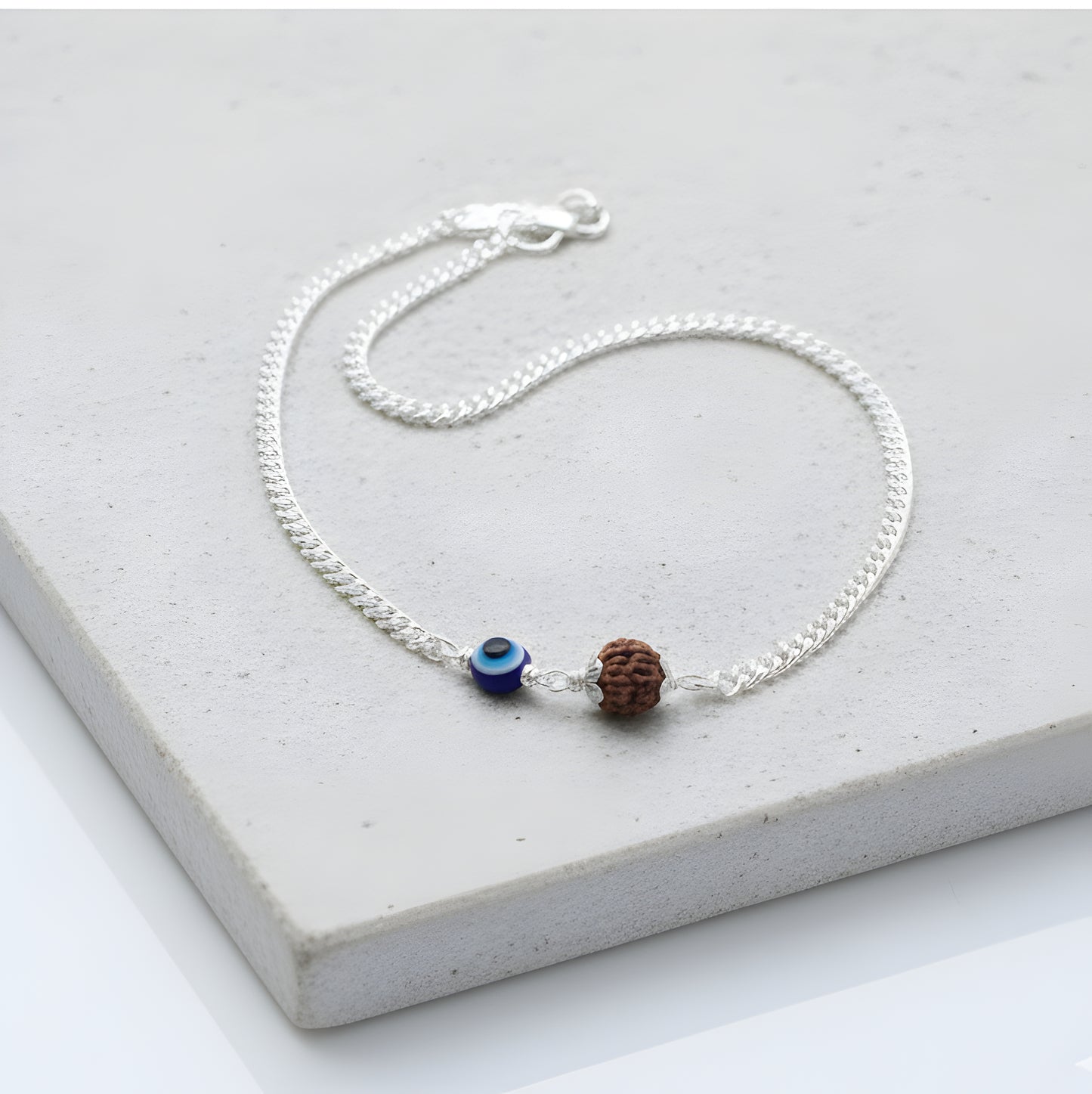 Spiritual Silver Bracelet with Rudraksha & Evil Eye – Unisex Bracelet