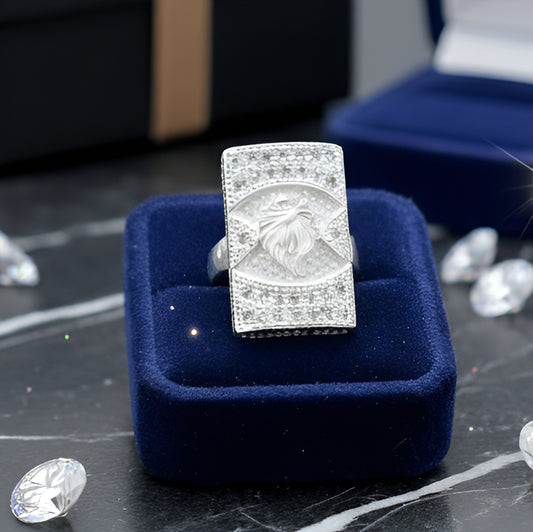 Silver Rectangular Eagle Engraved Ring with Designer Border | Men’s Silver Ring