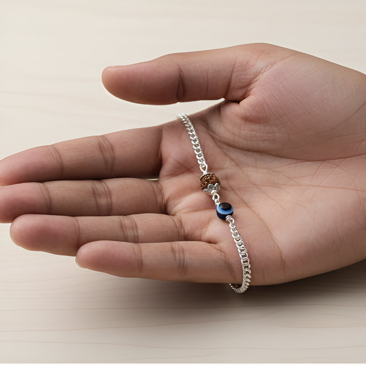Spiritual Silver Bracelet with Rudraksha & Evil Eye – Unisex Bracelet
