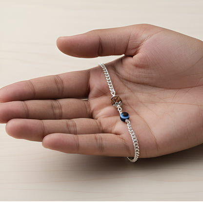 Spiritual Silver Bracelet with Rudraksha & Evil Eye – Unisex Bracelet