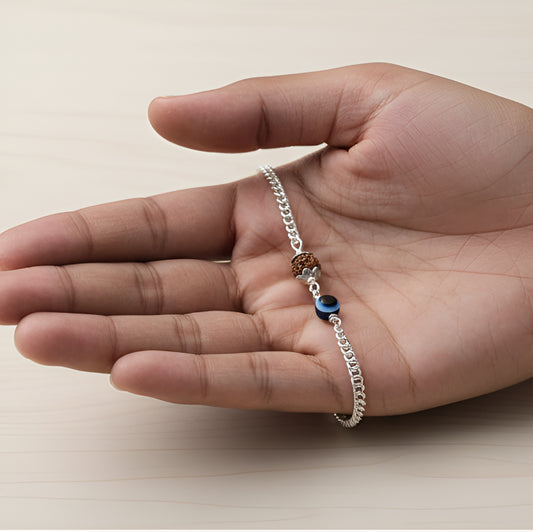 Spiritual Silver Bracelet with Rudraksha & Evil Eye – Unisex Bracelet