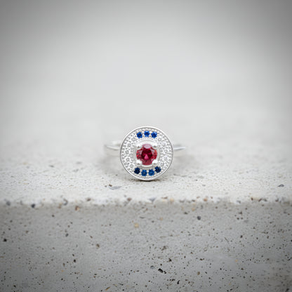 Silver Round Designer Ring with Blue and Ruby Center Stone | Women’s Silver Ring