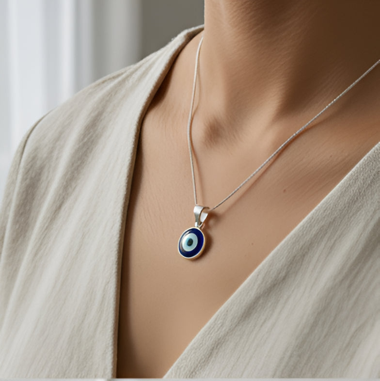 Silver Evil Eye Protection Pendant – Spiritual Charm for Men & Women