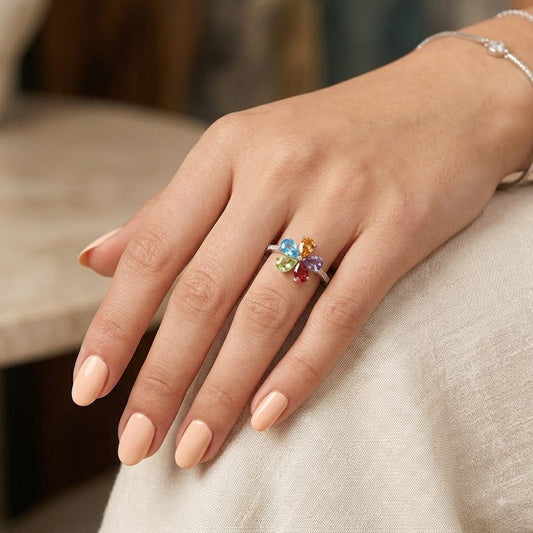 MULTI COLOURS FLOWER DESIGN 92.5 SILVER RING